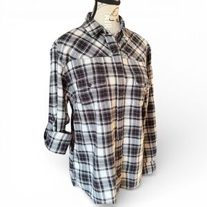 JACHS GIRLFRIEND Plaid flannel button-down shirt black white size M